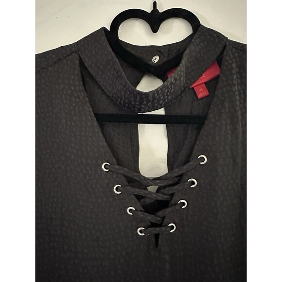 Jennifer Lopez JLO Lace Up Choker Blouse Black Bell Sleeve Size XS Loose Fit - Picture 5 of 8